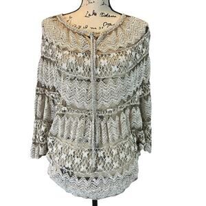 Umgee Crochet Sheer Top Women Size M Beige Boho Romantic Batwing Poncho Sleeves